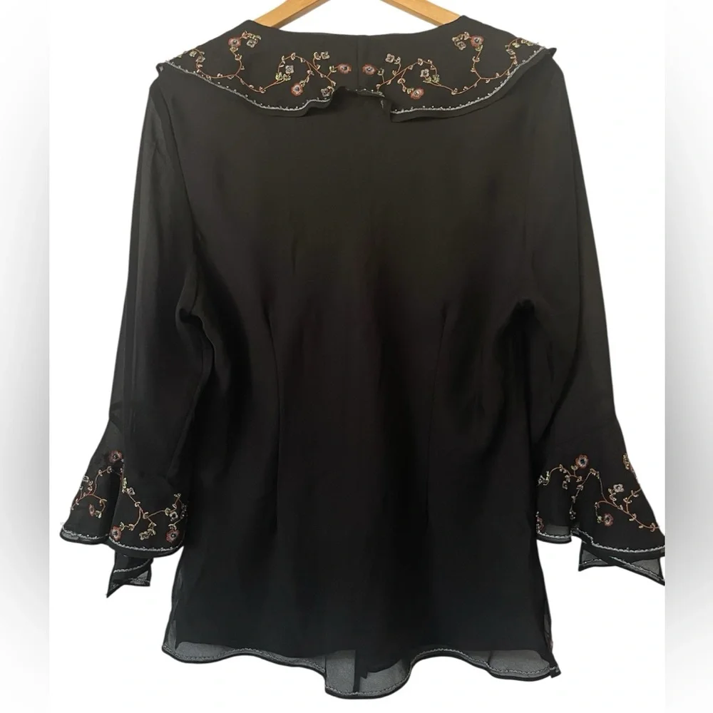 Dressbarn Black Blouse with Floral Embroidery & Ruffle Sleeve 14/16 - Picture 2 of 16